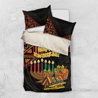 Black Happy Kwanzaa duvet set with “Happy Kwanzaa!” text, candles, gifts, and geometric motifs
