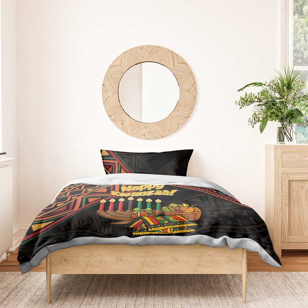 Black Happy Kwanzaa bedding set with central “Happy Kwanzaa!” graphic and festive candles