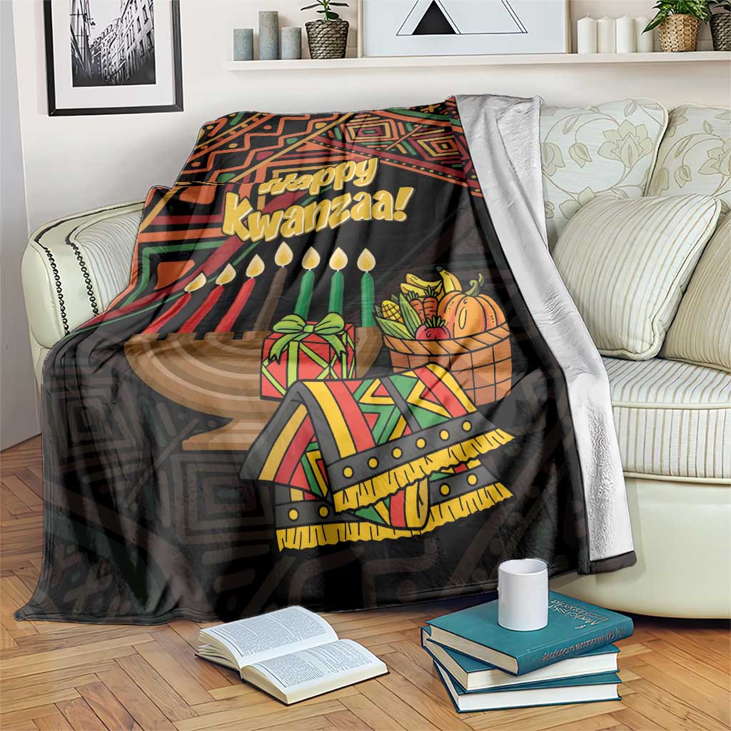 Black Happy Kwanzaa throw blanket with candles, menorah, gifts, and patterned border