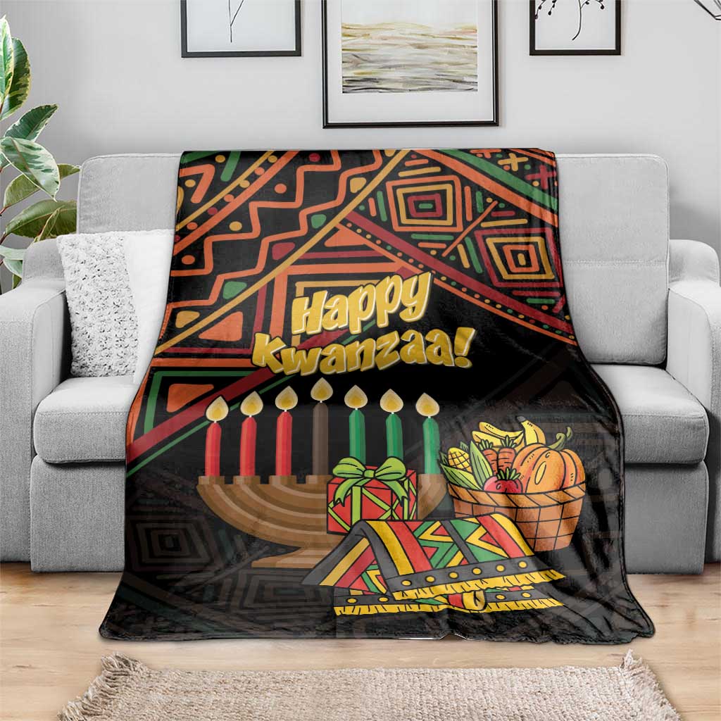 Black Happy Kwanzaa throw blanket showing candles, gifts, and patterned geometric design