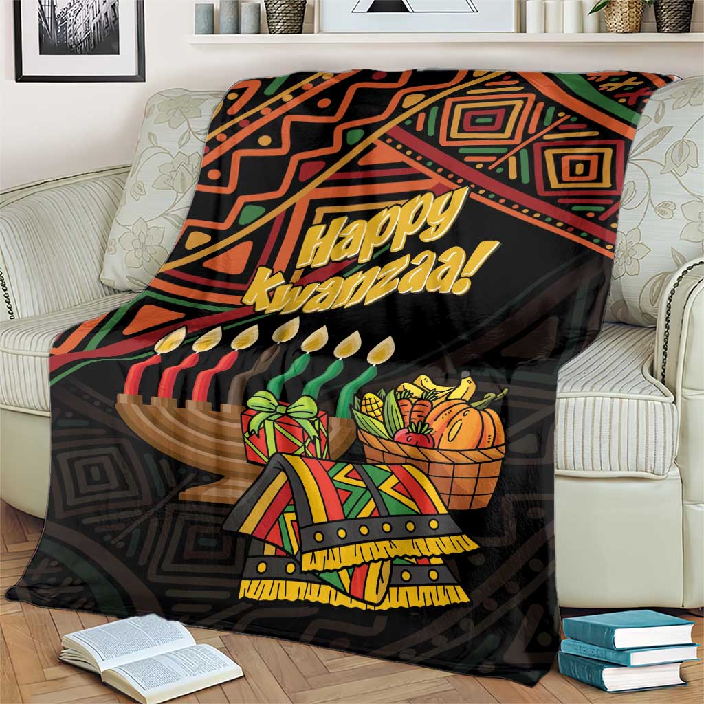 Black Happy Kwanzaa blanket with “Happy Kwanzaa!” text, candles, and gift basket graphic