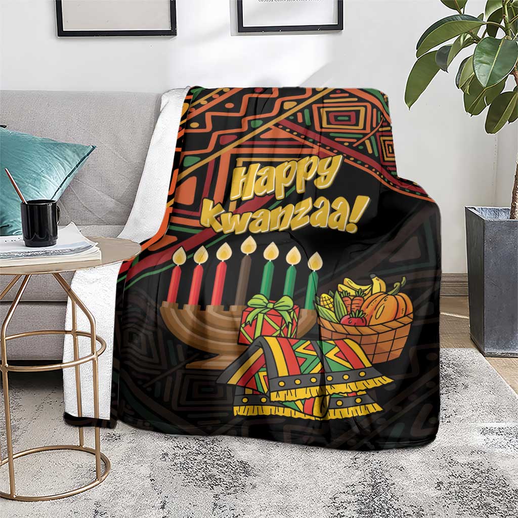 Black Happy Kwanzaa throw blanket on chair, featuring candles and colorful gift print