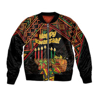 Black bomber jacket with colorful African pattern, Happy Kwanzaa graphic, ribbed collar