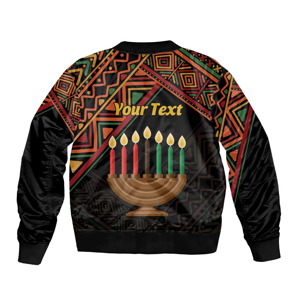 Black bomber jacket with geometric print, candle menorah graphic, custom text 'Your Text'