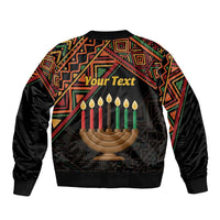Black bomber jacket with geometric print, candle menorah graphic, custom text 'Your Text'