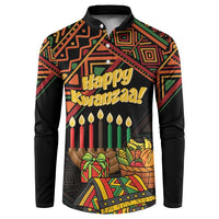 Black button-front sweatshirt with Happy Kwanzaa graphic and colorful geometric pattern