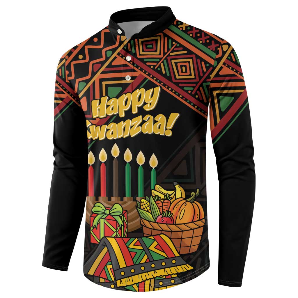 Black button-front sweatshirt with Happy Kwanzaa print and geometric pattern