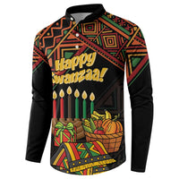 Black button-front sweatshirt with Happy Kwanzaa print and geometric pattern