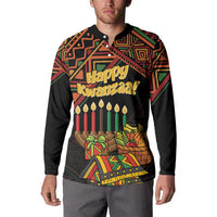 Black button-front sweatshirt with Happy Kwanzaa front graphic, long sleeves