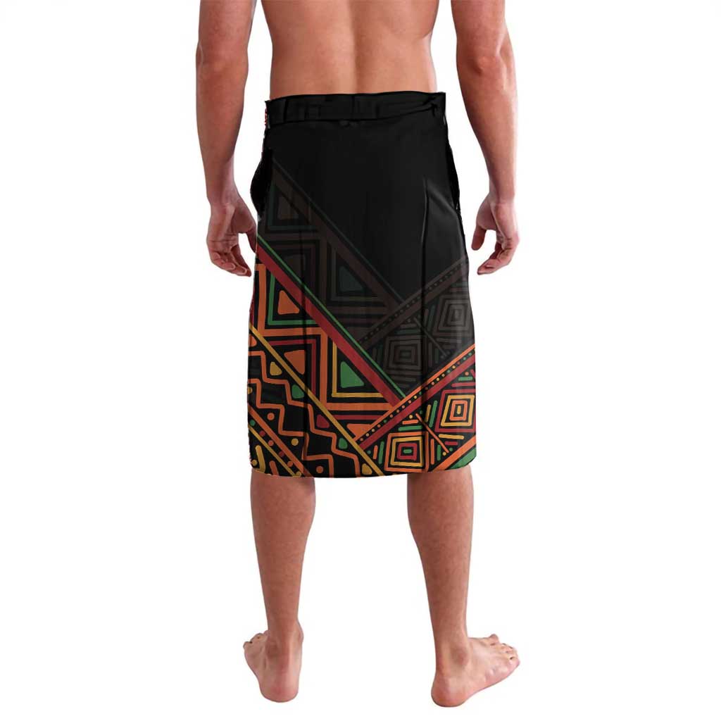 Black wrap skirt with multicolor geometric pattern and straight hem