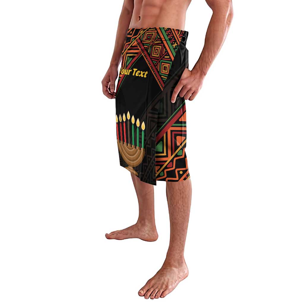 Black sarong wrap skirt with candle and geometric Kwanzaa graphic panel