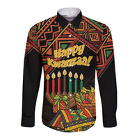 Black long-sleeve button shirt with Happy Kwanzaa front graphic
