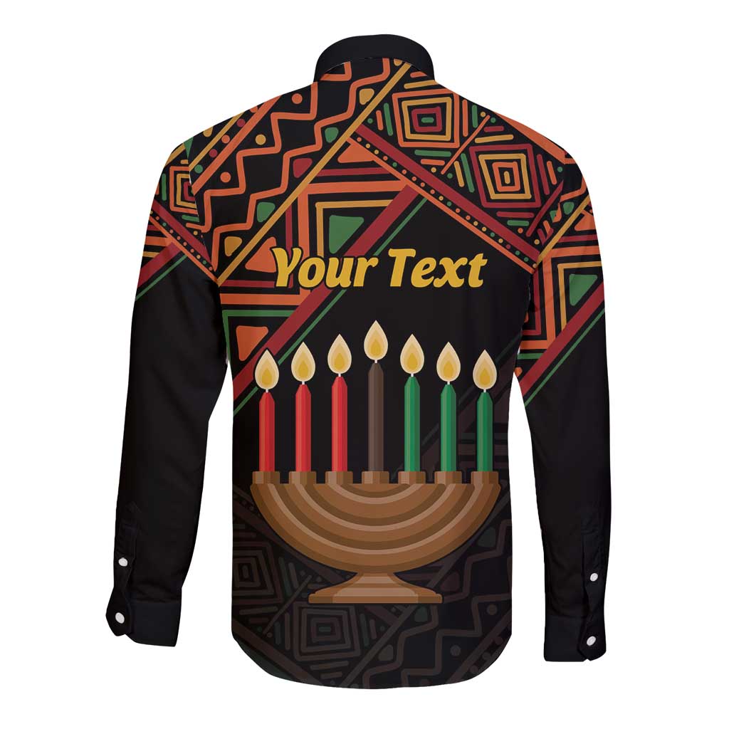 Black long-sleeve button shirt with customizable text and Kwanzaa candle graphic