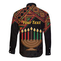 Black long-sleeve button shirt with customizable text and Kwanzaa candle graphic