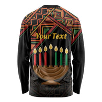 Black long-sleeve shirt back with customizable 'Your Text' and Kwanzaa candles graphic