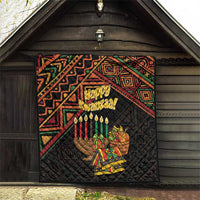 Black quilt panel with Happy Kwanzaa candles and gift basket illustration