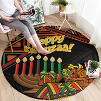 Round black Kwanzaa rug with "Happy Kwanzaa" lettering, candles, and present graphics on floor