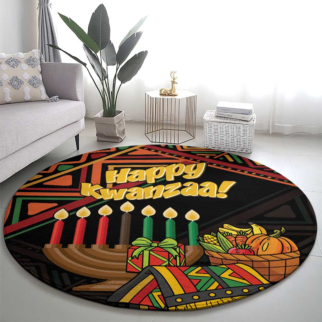 Round black Happy Kwanzaa rug with "Happy Kwanzaa" centerpiece, candles, and colorful gifts