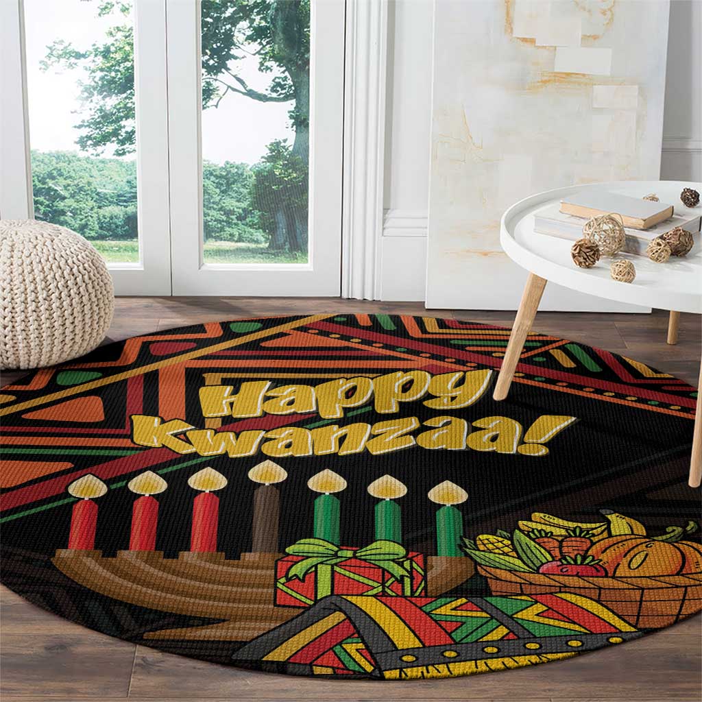 Round black Kwanzaa area rug with "Happy Kwanzaa" and colorful candle-and-gift designs