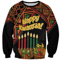 Black crewneck sweatshirt with Happy Kwanzaa graphic, candles and patterned geometric design