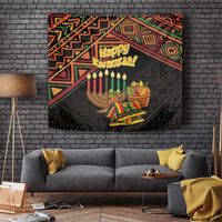 Kwanzaa tapestry with “Happy Kwanzaa!” text, candle row, gifts, and geometric border