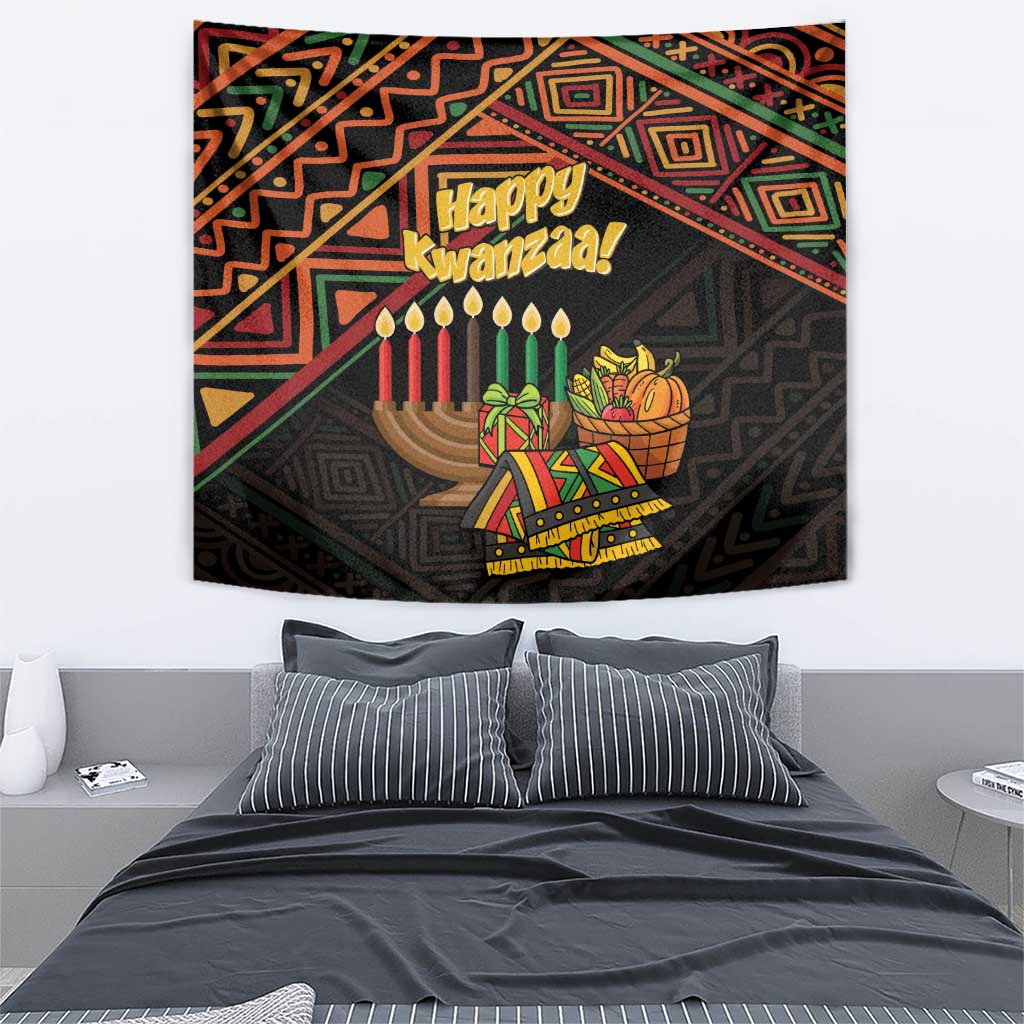 Kwanzaa wall tapestry with “Happy Kwanzaa!” lettering, seven candles, and basket gifts
