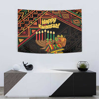Kwanzaa tapestry with “Happy Kwanzaa!” sign, candles, and colorful gift basket motif