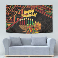 Kwanzaa tapestry corner view with “Happy Kwanzaa!” text, candles, and gift basket artwork