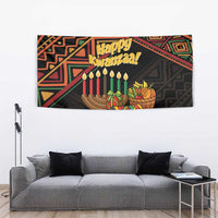 Kwanzaa tapestry with “Happy Kwanzaa!” text, candle flames, and wrapped gift imagery