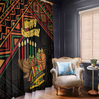 Kwanzaa window curtain panel on window, black with candles, fruit basket, and “Happy Kwanzaa!”