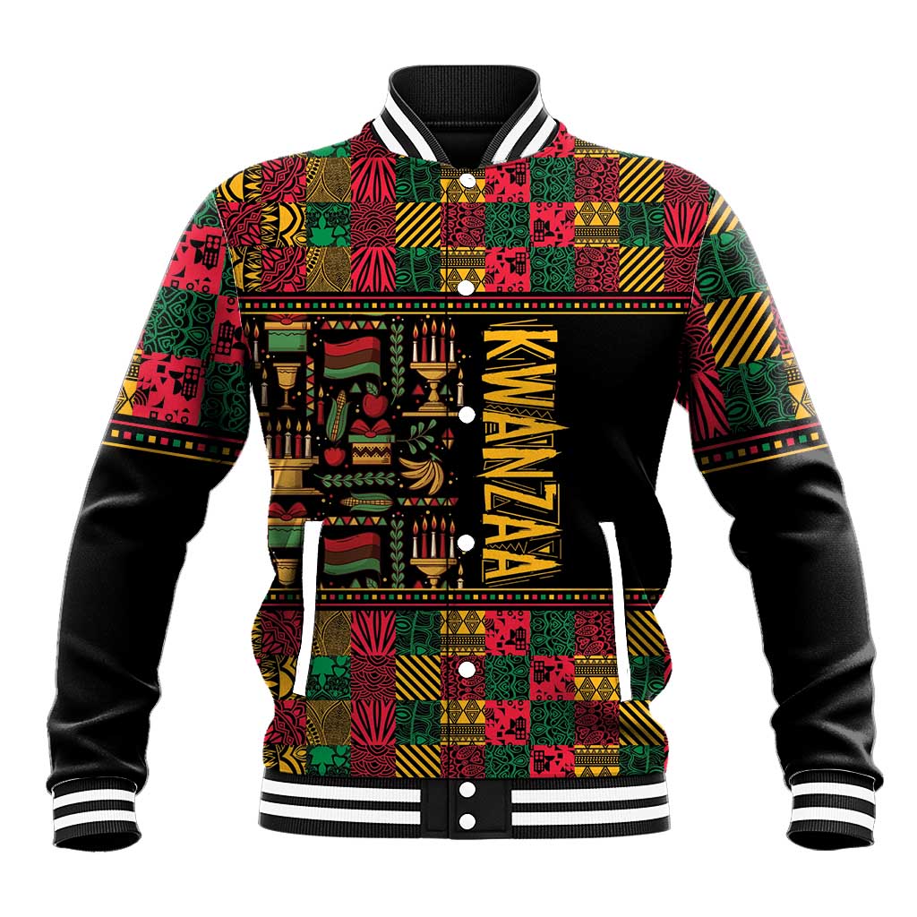 Black baseball jacket with multicolor African Kwanzaa pattern, ribbed striped collar