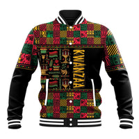 Black baseball jacket with multicolor African Kwanzaa pattern, ribbed striped collar
