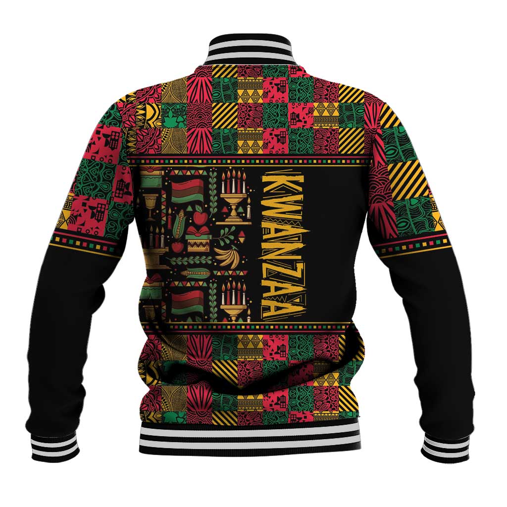 Black baseball jacket with multicolor African Kwanzaa pattern back, ribbed striped hem