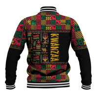 Black baseball jacket with multicolor African Kwanzaa pattern back, ribbed striped hem