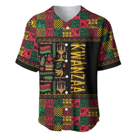 Black baseball jersey with colorful African patchwork pattern and vertical Kwanzaa text