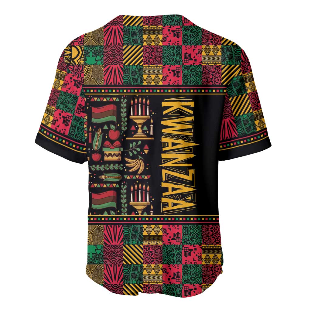 Black baseball jersey back with colorful African patchwork pattern and vertical Kwanzaa text