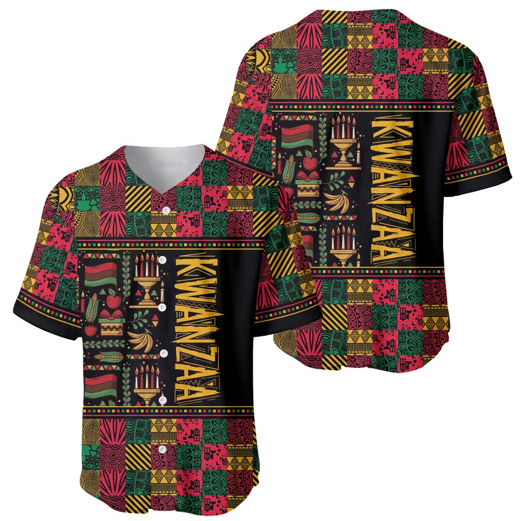 Pair of black baseball jerseys showing front/back with colorful African patchwork and Kwanzaa text