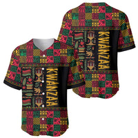 Pair of black baseball jerseys showing front/back with colorful African patchwork and Kwanzaa text