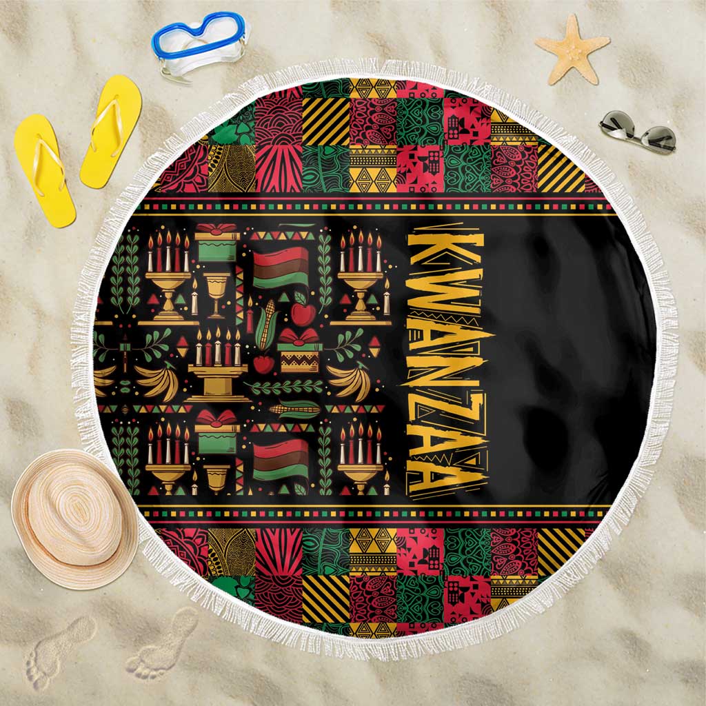 Round beach blanket with Kwanzaa text and colorful African patterns, black center, fringe edge