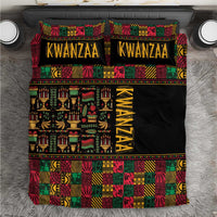 Black African pattern bedding set with multicolor geometric Kwanzaa-style panels and pillowcases