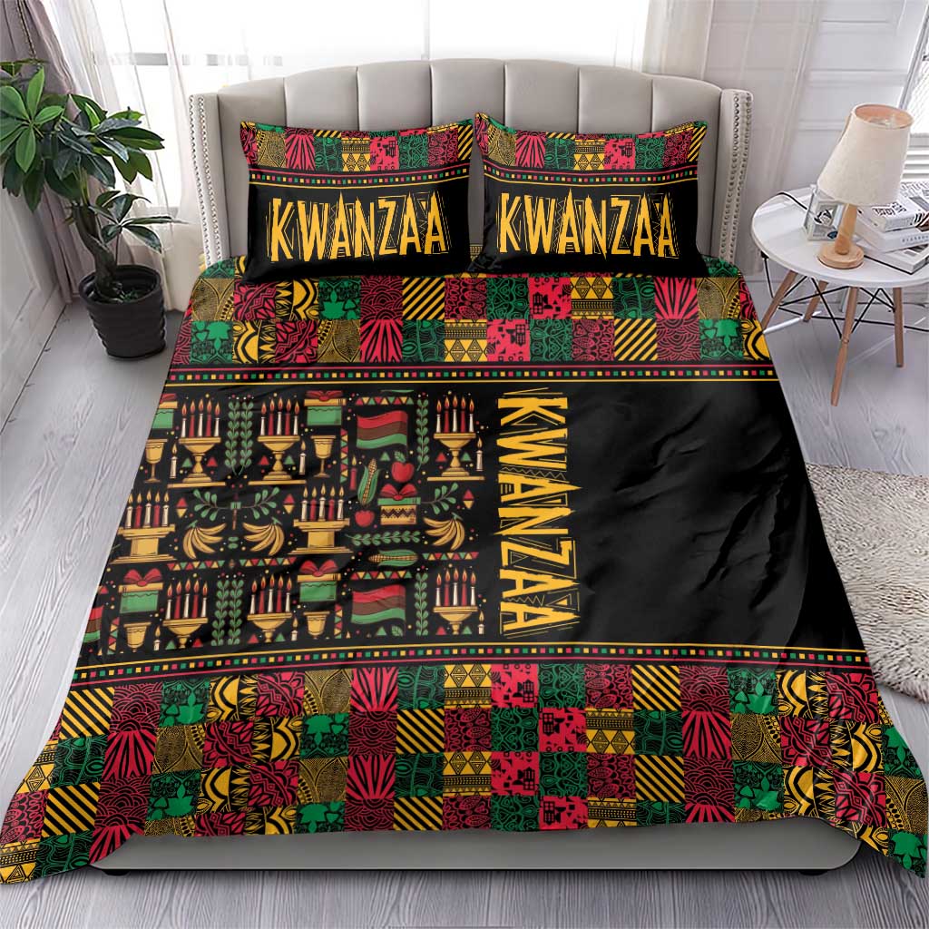 Black Kwanzaa African pattern duvet cover with colorful geometric bands and two pillowcases