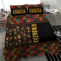 Black African pattern bedding set featuring colorful stripes, blocks, and Kwanzaa text on duvet