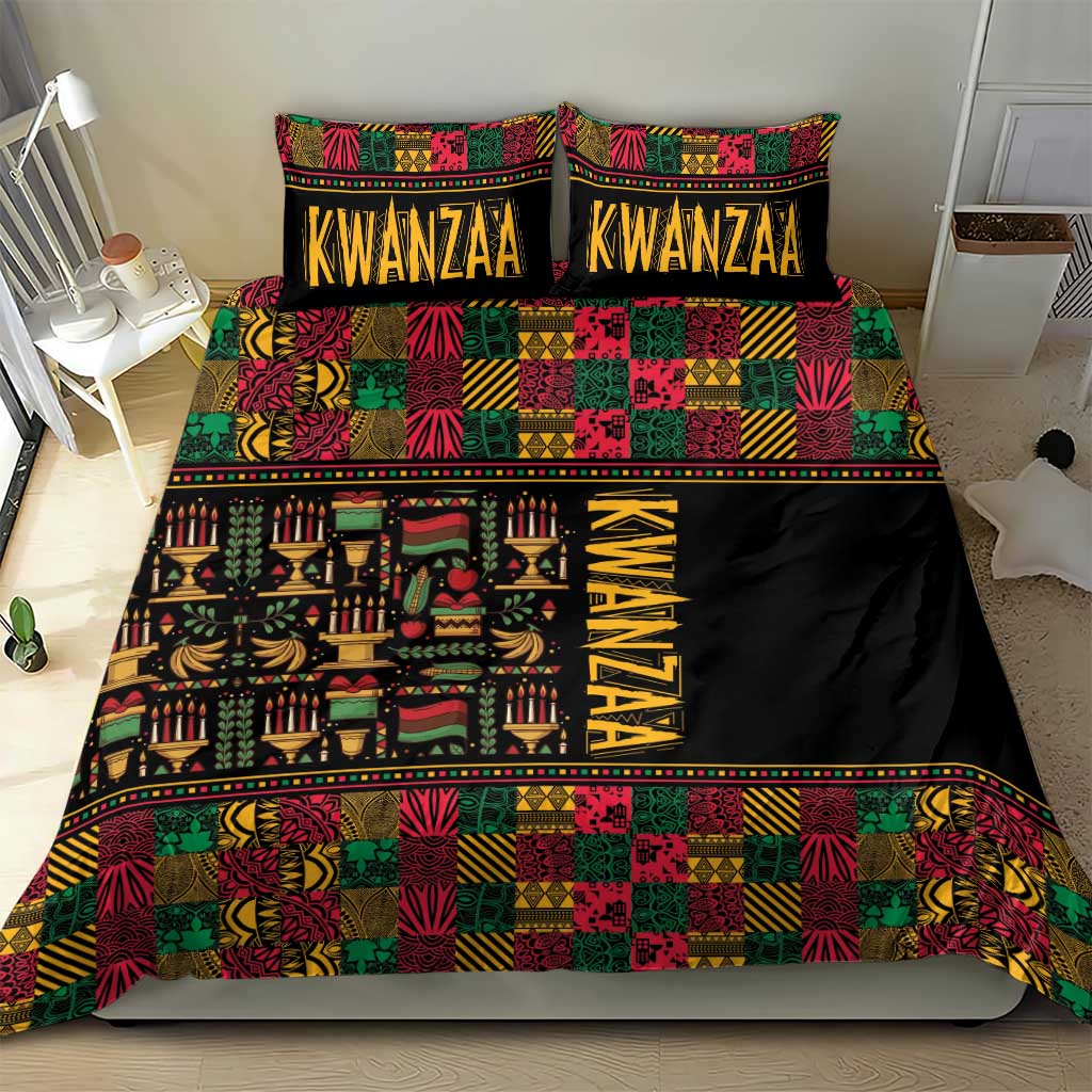Black Kwanzaa African pattern comforter set with multicolor border trim and two pillowcases