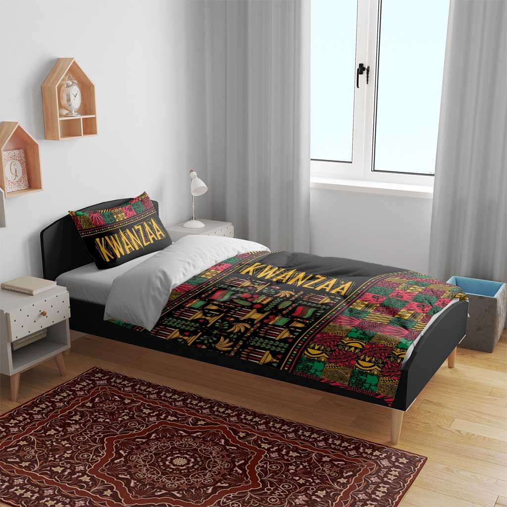 Black African pattern duvet set with multicolor Kwanzaa-style artwork and pillowcases on bed
