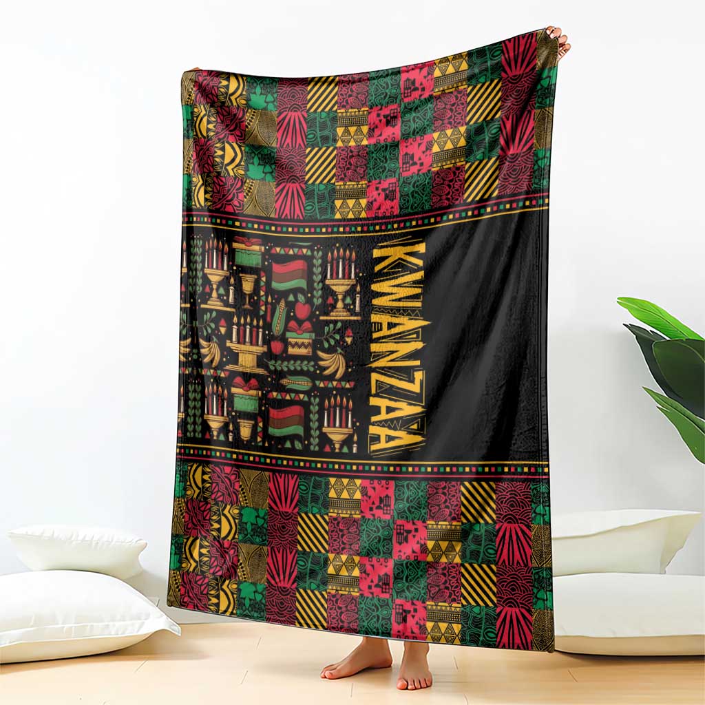Kwanzaa African pattern blanket, black back with colorful patchwork border and vertical KWANZAA