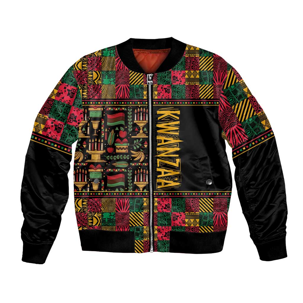 Unisex black bomber jacket with colorful African Kwanzaa pattern, front zipper, ribbed cuffs