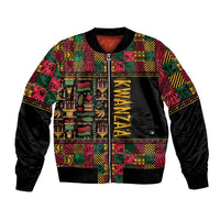 Unisex black bomber jacket with colorful African Kwanzaa pattern, front zipper, ribbed cuffs