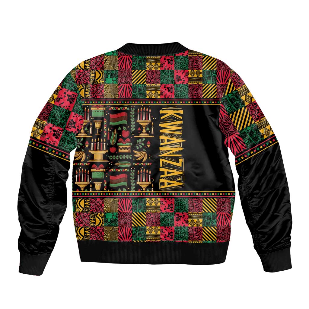 Unisex black bomber jacket with multicolor African Kwanzaa print and vertical “KWANZAA” logo