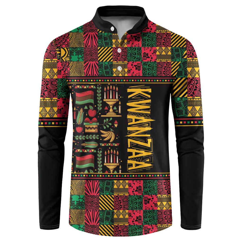African-pattern button sweatshirt with black sleeves, multicolor Kwanzaa-themed chest print