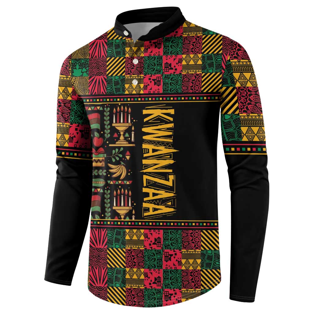 Button sweatshirt in black with colorful Kwanzaa mural front and vertical KWANZAA lettering